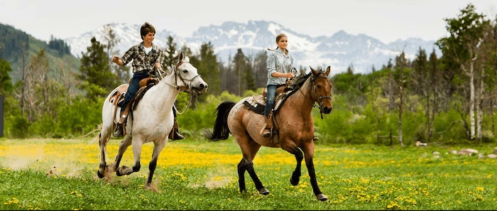 Confident plus-size woman riding Ross-on-Wye a horse through a field with a smile on her face.
